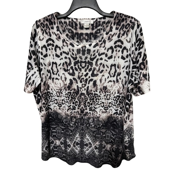 C.J. Banks Tops - C.J. Banks Women 3X Leopard Animal Print Rhinestone Accent Short Slv‎ Top Black